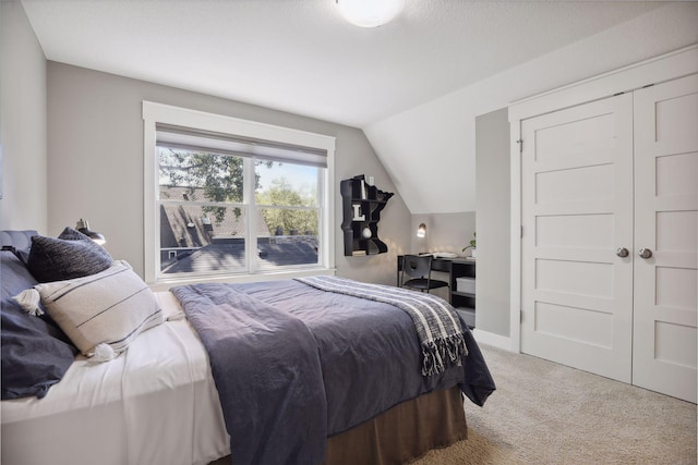 bedroom with lofted ceiling and carpet floors