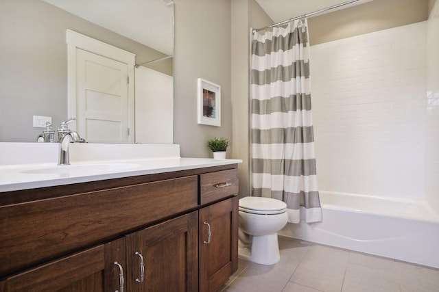 full bathroom featuring shower / tub combo with curtain, vanity, toilet, and tile patterned flooring