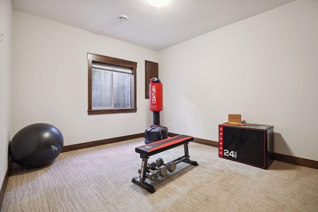 exercise area featuring light colored carpet