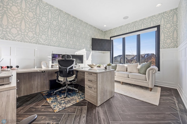 office area with dark parquet floors