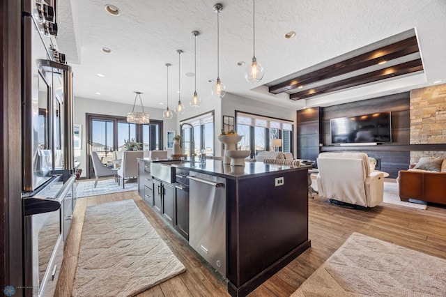 kitchen featuring a raised ceiling, sink, hanging light fixtures, an island with sink, and stainless steel appliances