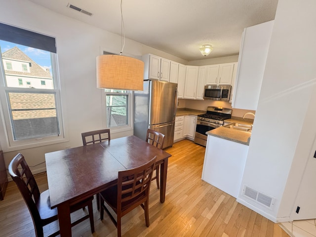 kitchen featuring sink, light hardwood / wood-style flooring, appliances with stainless steel finishes, pendant lighting, and white cabinets