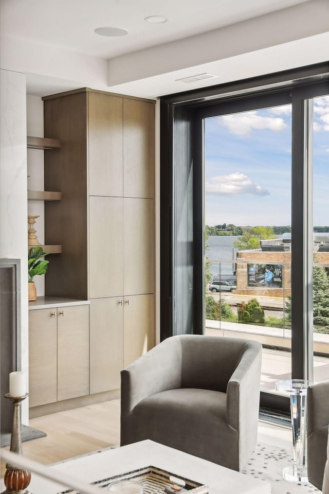 living room with a water view