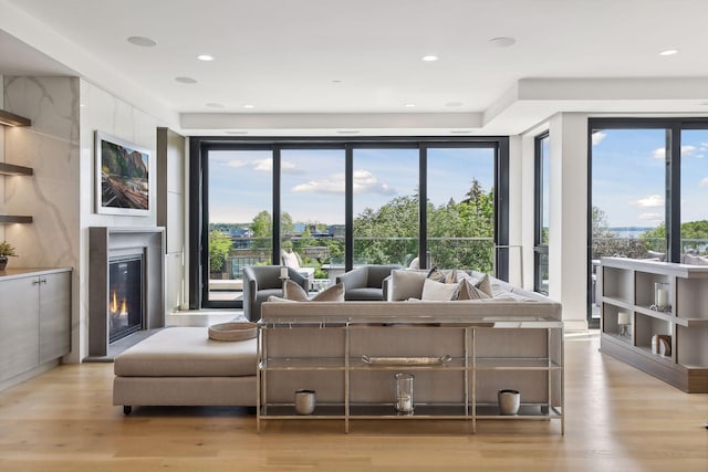 living room featuring light hardwood / wood-style flooring and a high end fireplace