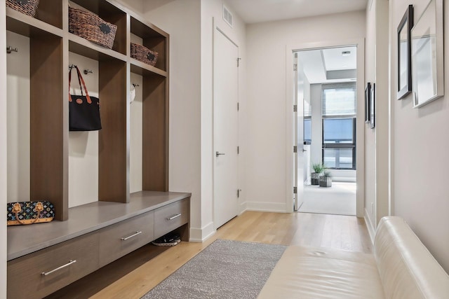 mudroom with light hardwood / wood-style flooring