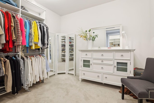 walk in closet featuring light colored carpet