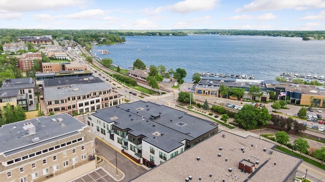 drone / aerial view featuring a water view