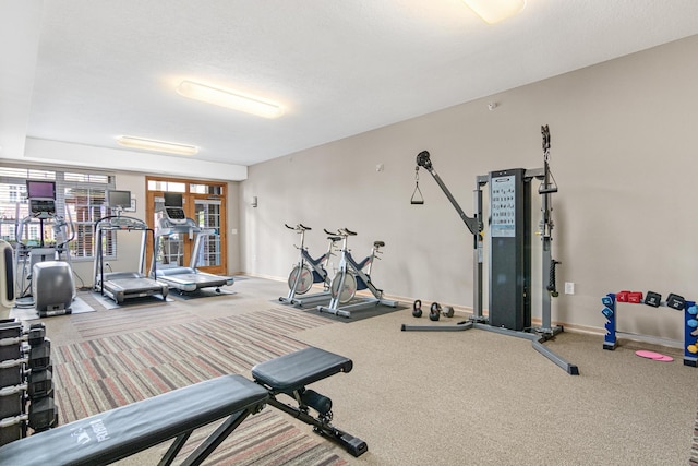 workout area featuring carpet flooring