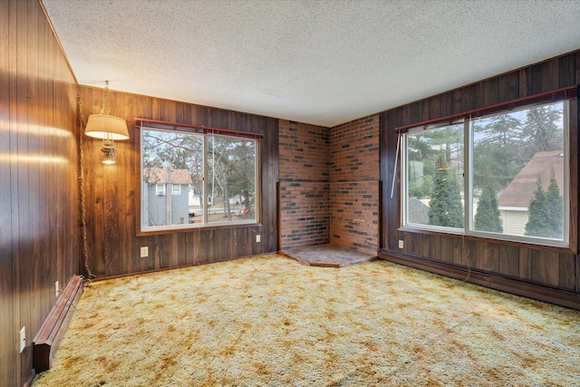 unfurnished room with plenty of natural light, a baseboard heating unit, and wood walls