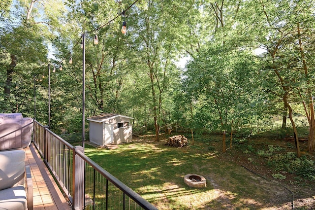 view of yard featuring an outdoor fire pit, an outdoor structure, and a storage unit