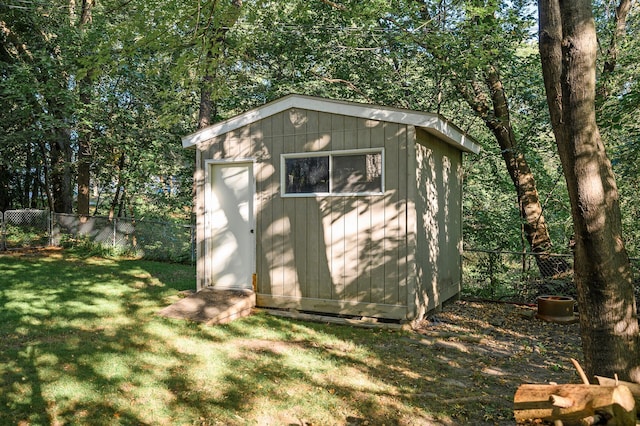 view of shed with a fenced backyard