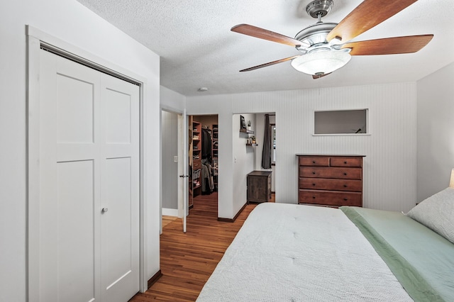 bedroom with a textured ceiling, ceiling fan, dark wood-style flooring, a closet, and a walk in closet