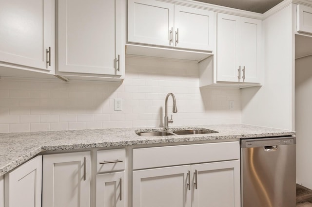 kitchen featuring white cabinets, light stone counters, tasteful backsplash, sink, and dishwasher