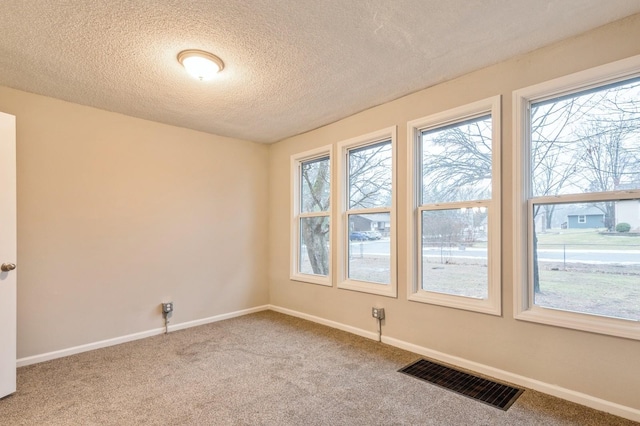 unfurnished room featuring plenty of natural light, carpet floors, and a textured ceiling