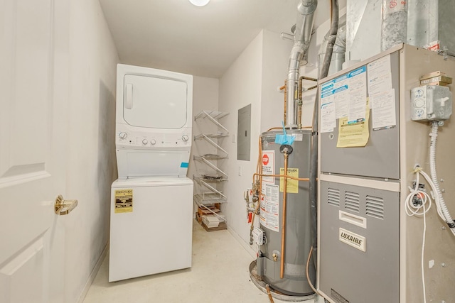 utilities with gas water heater, electric panel, stacked washer and dryer, and heating unit