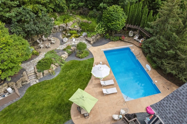 view of pool with a yard and a patio