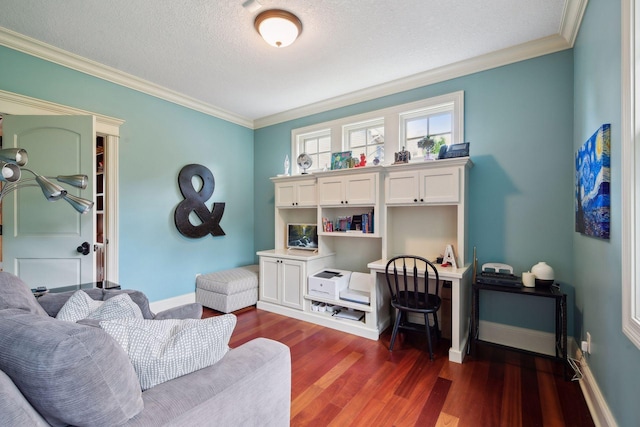 living area with a textured ceiling, dark hardwood / wood-style floors, and crown molding