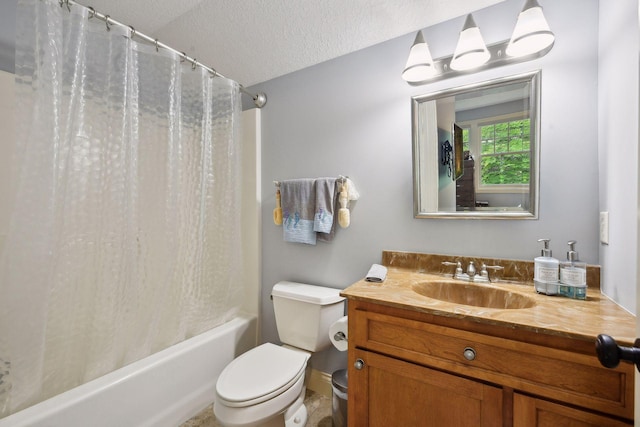 full bathroom featuring vanity, toilet, a textured ceiling, and shower / tub combo with curtain