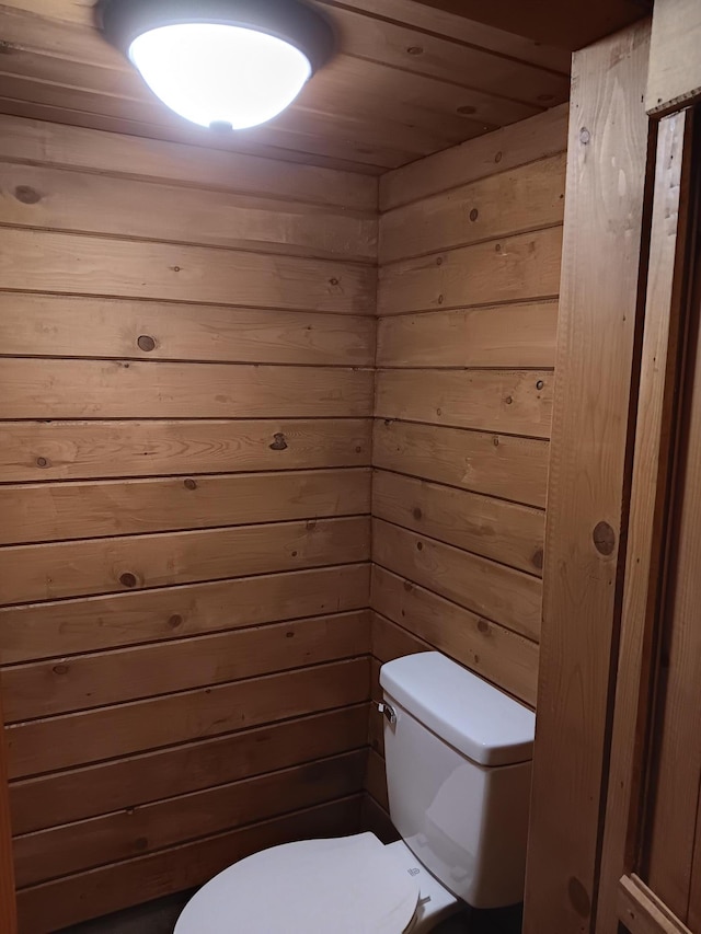 bathroom with wooden walls and toilet