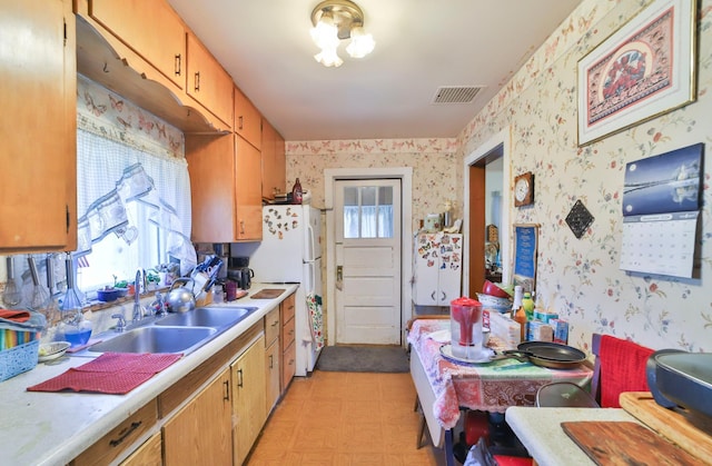 kitchen with sink and white fridge