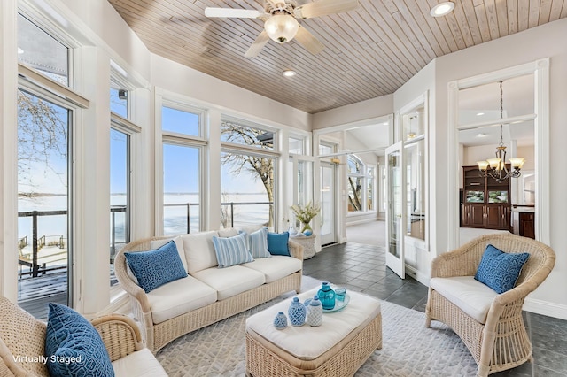 sunroom / solarium with plenty of natural light, wood ceiling, and a water view