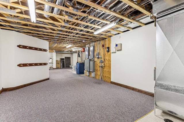 unfinished below grade area featuring carpet and baseboards