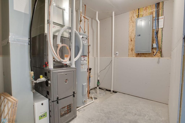 utilities with heating unit, electric panel, and water heater