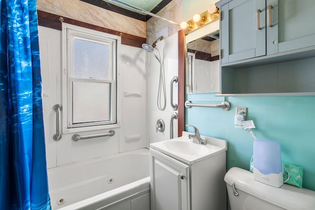 full bathroom with vanity, toilet, and shower / bath combo with shower curtain