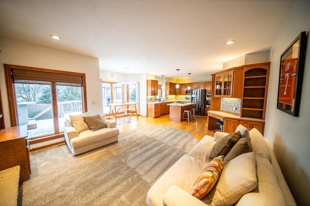 living room with sink and light hardwood / wood-style flooring