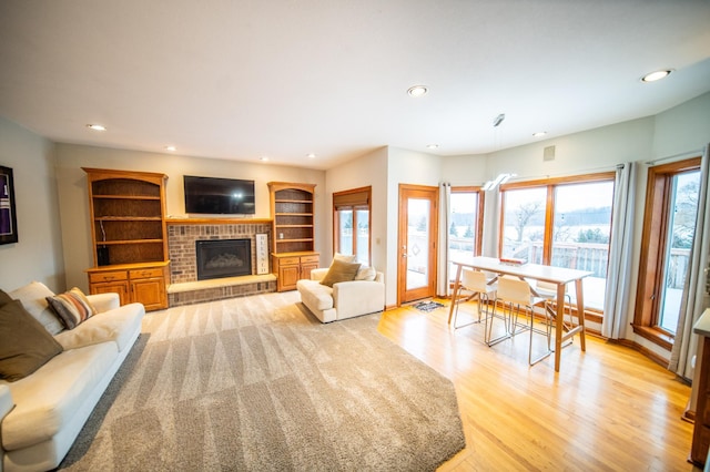 living room featuring a fireplace and light wood-type flooring