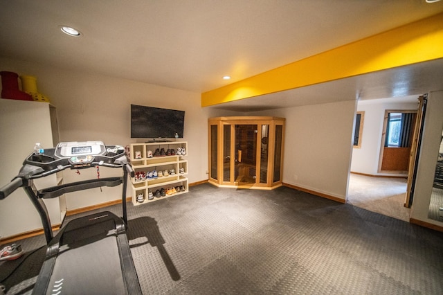 62539 185th Ave, Dodge Center, MN 55927 - exercise room with baseboards, carpet floors, and recessed lighting