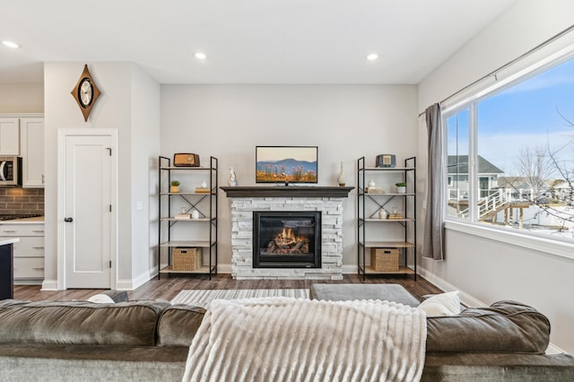 living room featuring a stone fireplace and dark hardwood / wood-style floors