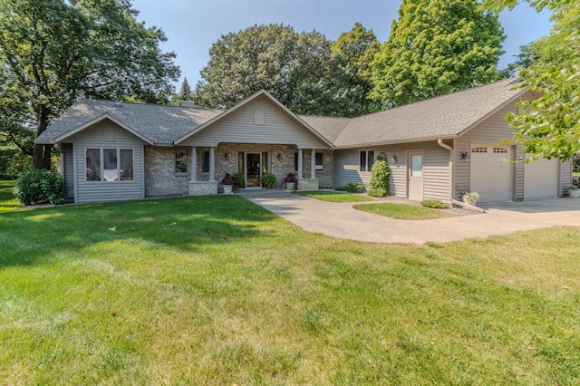 ranch-style house featuring a front yard, a porch, and a garage