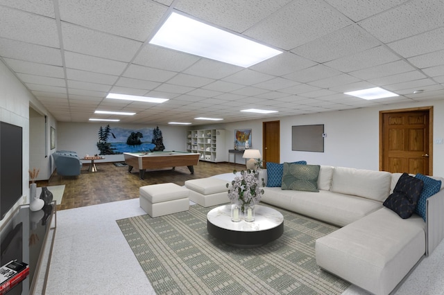 living room with a drop ceiling and pool table