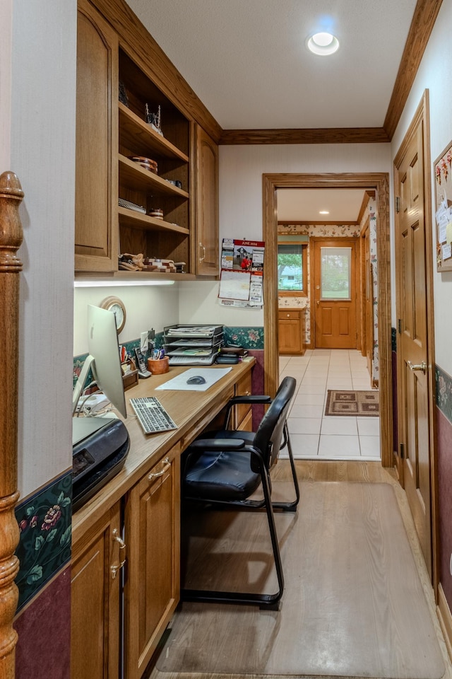 tiled office space with ornamental molding