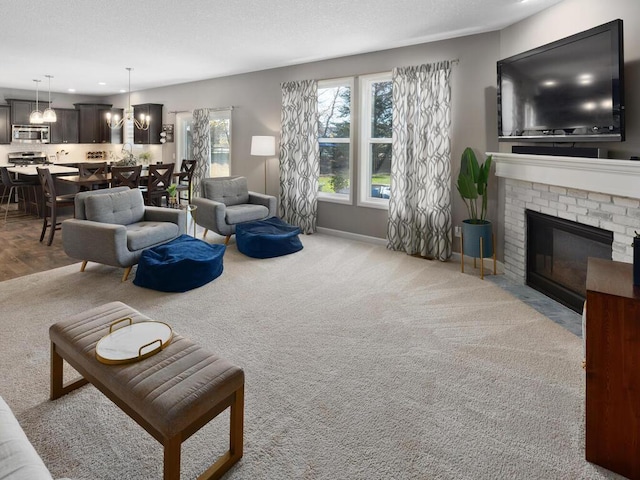 living room with light carpet and a fireplace