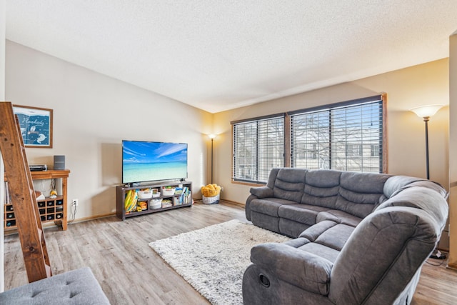 living room featuring light hardwood / wood-style floors and a textured ceiling