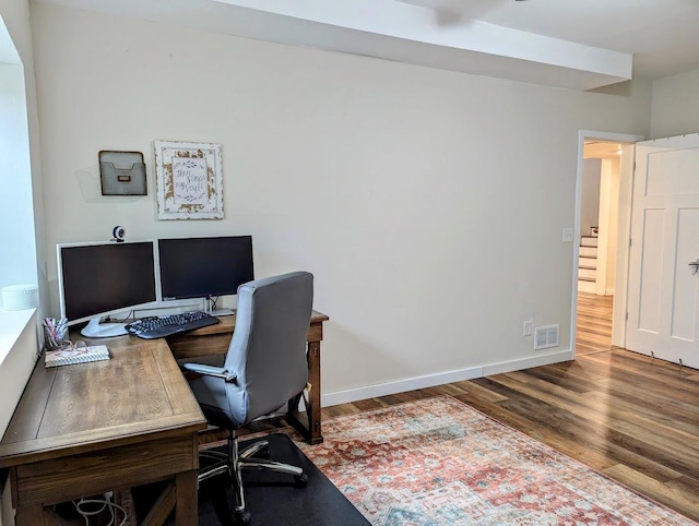 office area with dark hardwood / wood-style flooring