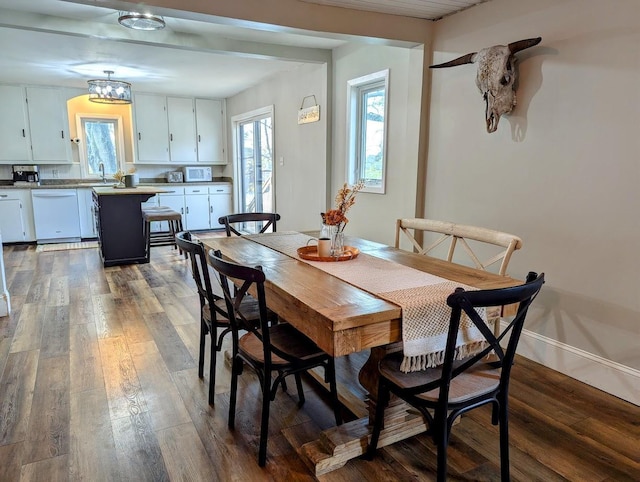 dining space with dark wood-type flooring