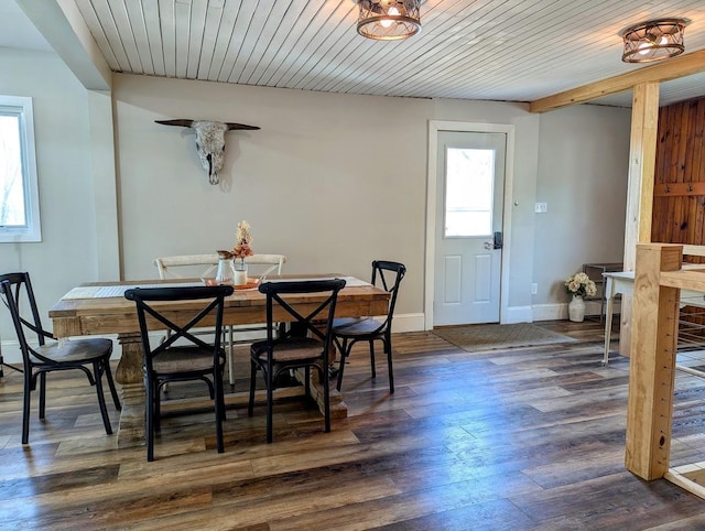 dining space featuring wood ceiling and dark wood-type flooring