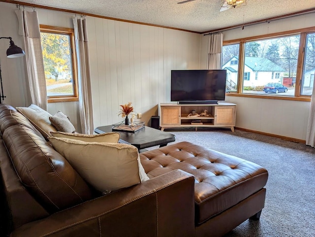 living room with ceiling fan, carpet floors, a textured ceiling, and a wealth of natural light