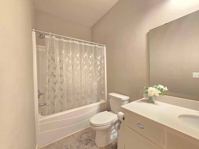 full bathroom featuring shower / bath combination with curtain, vanity, and toilet