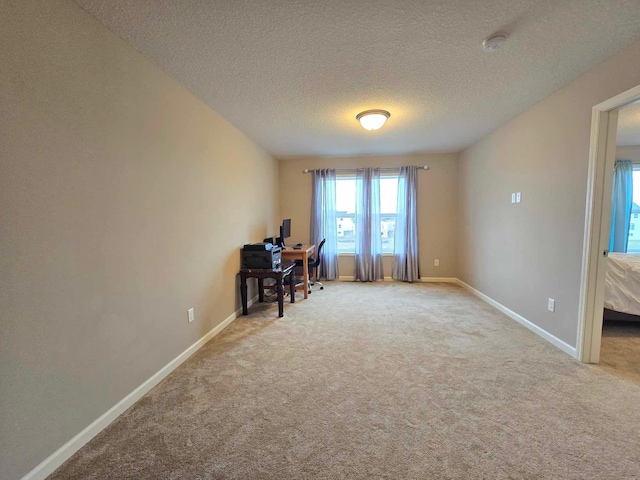 unfurnished office with a textured ceiling and carpet floors