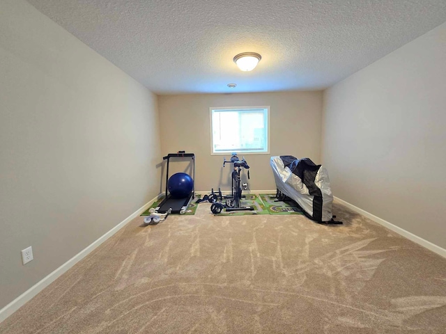 exercise area featuring carpet and a textured ceiling