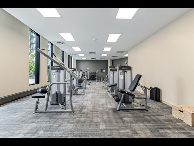 workout area with carpet floors