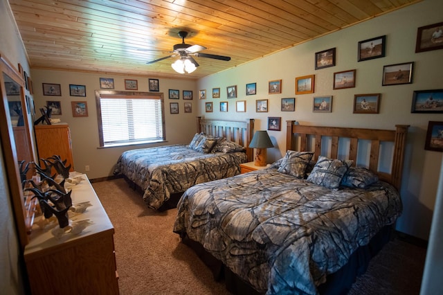 carpeted bedroom featuring ceiling fan and wood ceiling