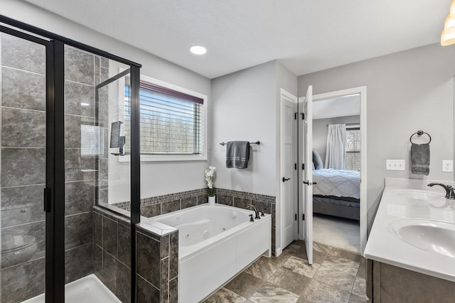 bathroom with vanity and plus walk in shower