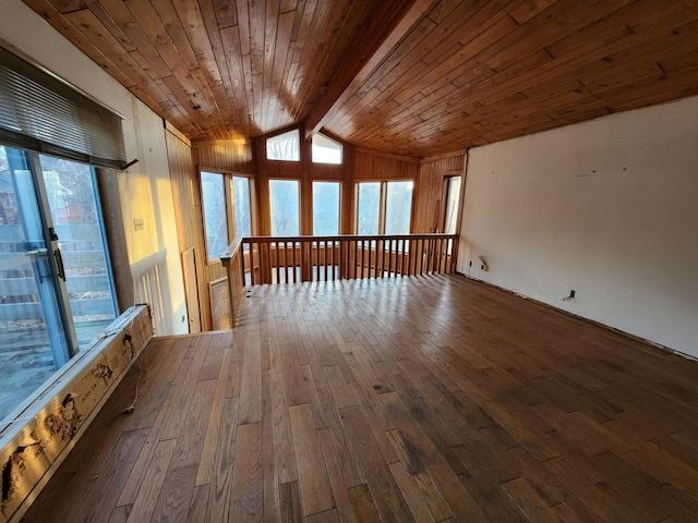 unfurnished room with lofted ceiling with beams, dark hardwood / wood-style flooring, and wood ceiling