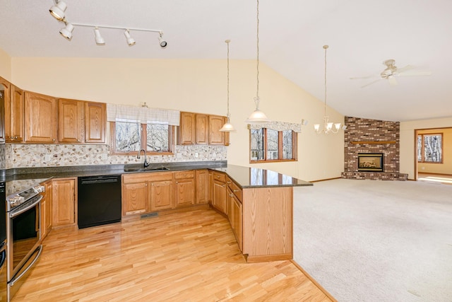 kitchen featuring a sink, dishwasher, vaulted ceiling, stainless steel electric range, and a peninsula