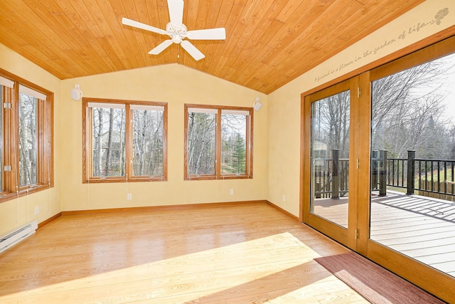 unfurnished sunroom featuring lofted ceiling, wood finished floors, a wooden deck, and wood ceiling
